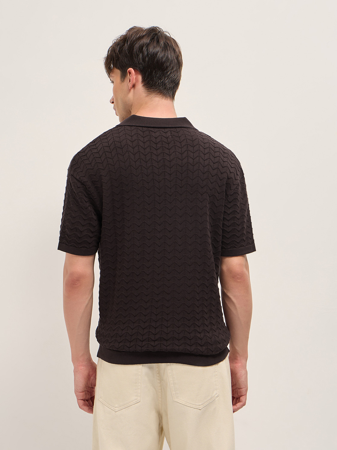Image of THE BEAR HOUSE Self Design Men Polo Neck Brown T-Shirt