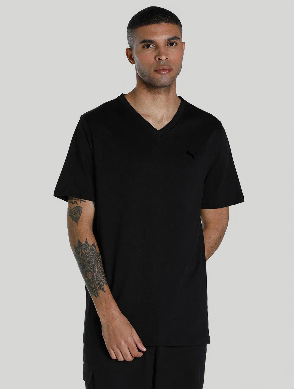 Image of PUMA Solid Men V Neck Black T-Shirt