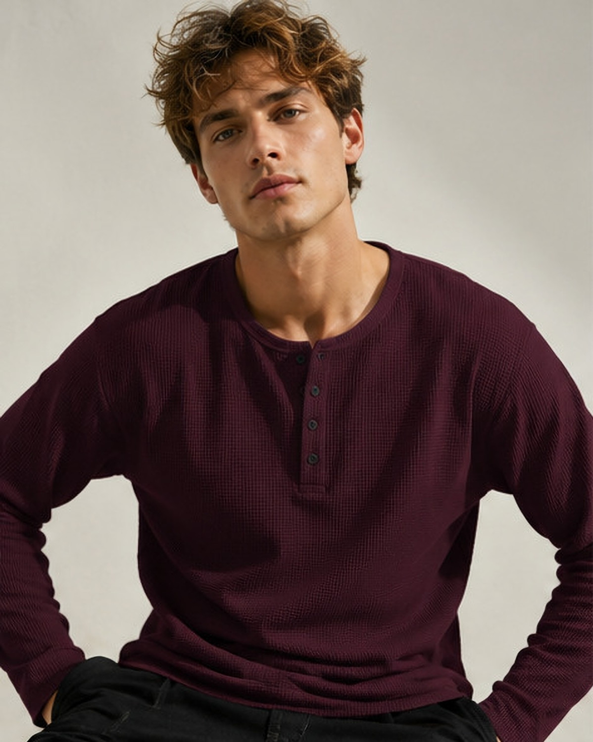 Image of NOOK Self Design Men Henley Neck Maroon T-Shirt