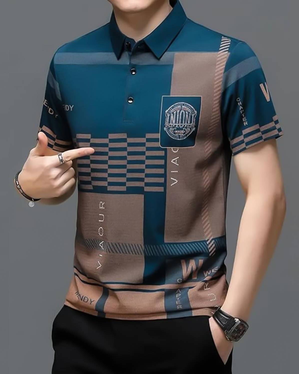 AUSK Men Checkered Polo Neck Cotton Blend Dark Blue, Grey T-Shirt