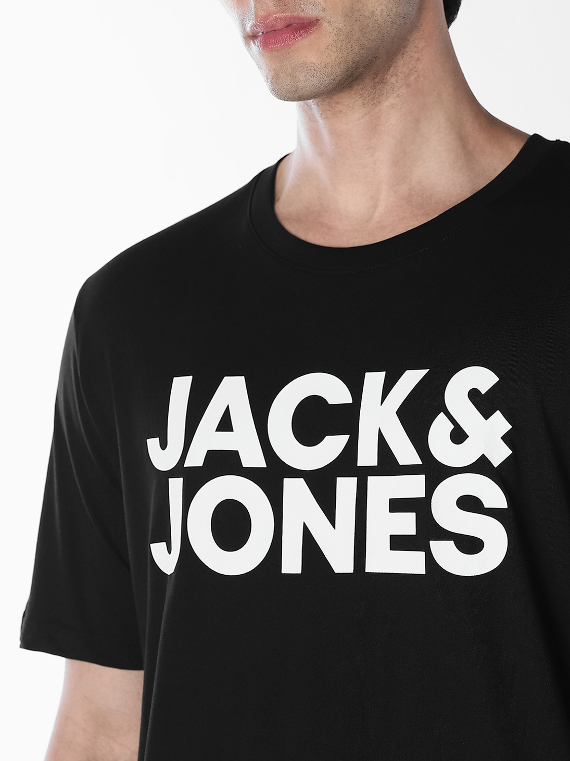 Image of JACK & JONES Printed Men Round Neck Black T-Shirt