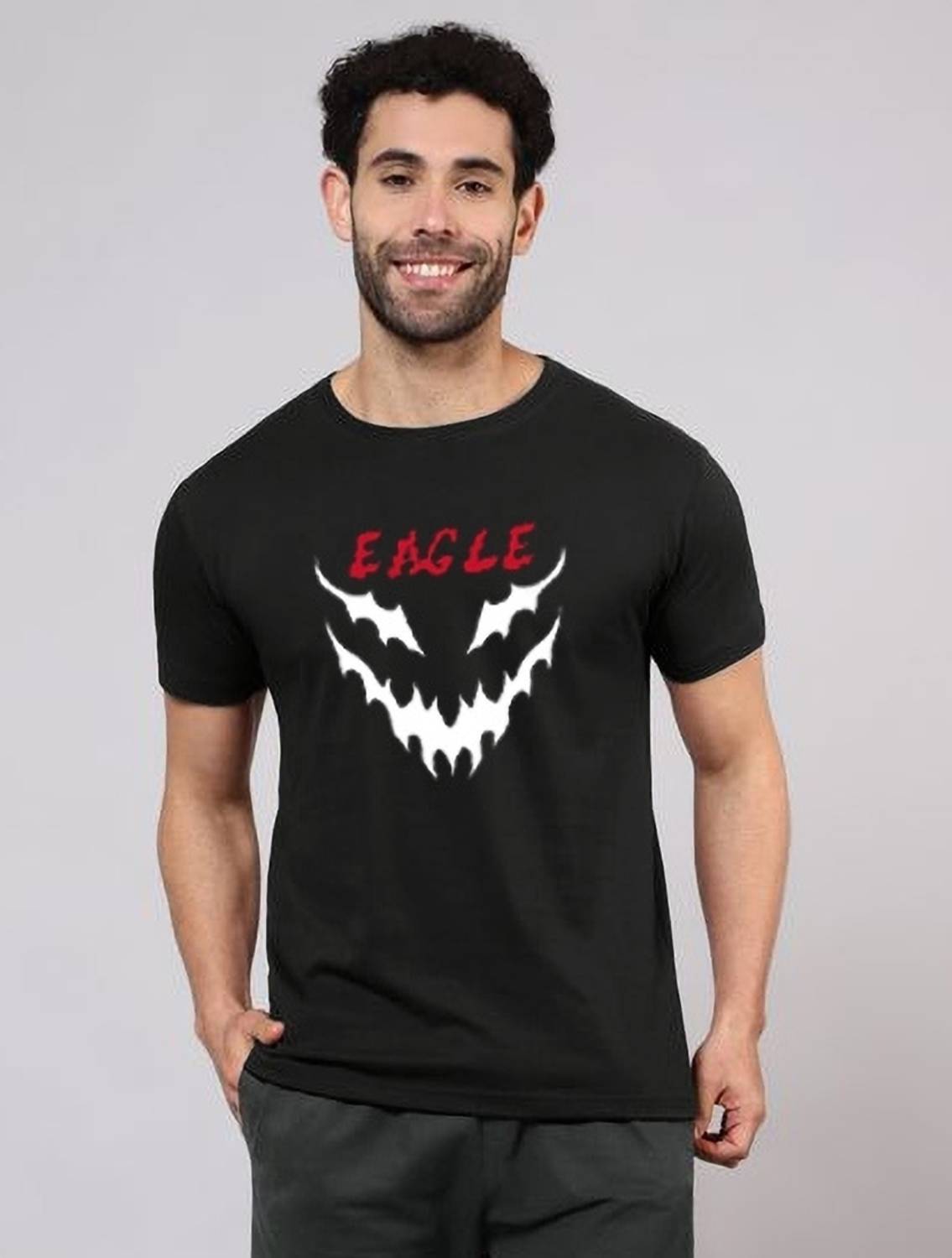 ALONE EAGLE Printed Men Round Neck Black T-Shirt