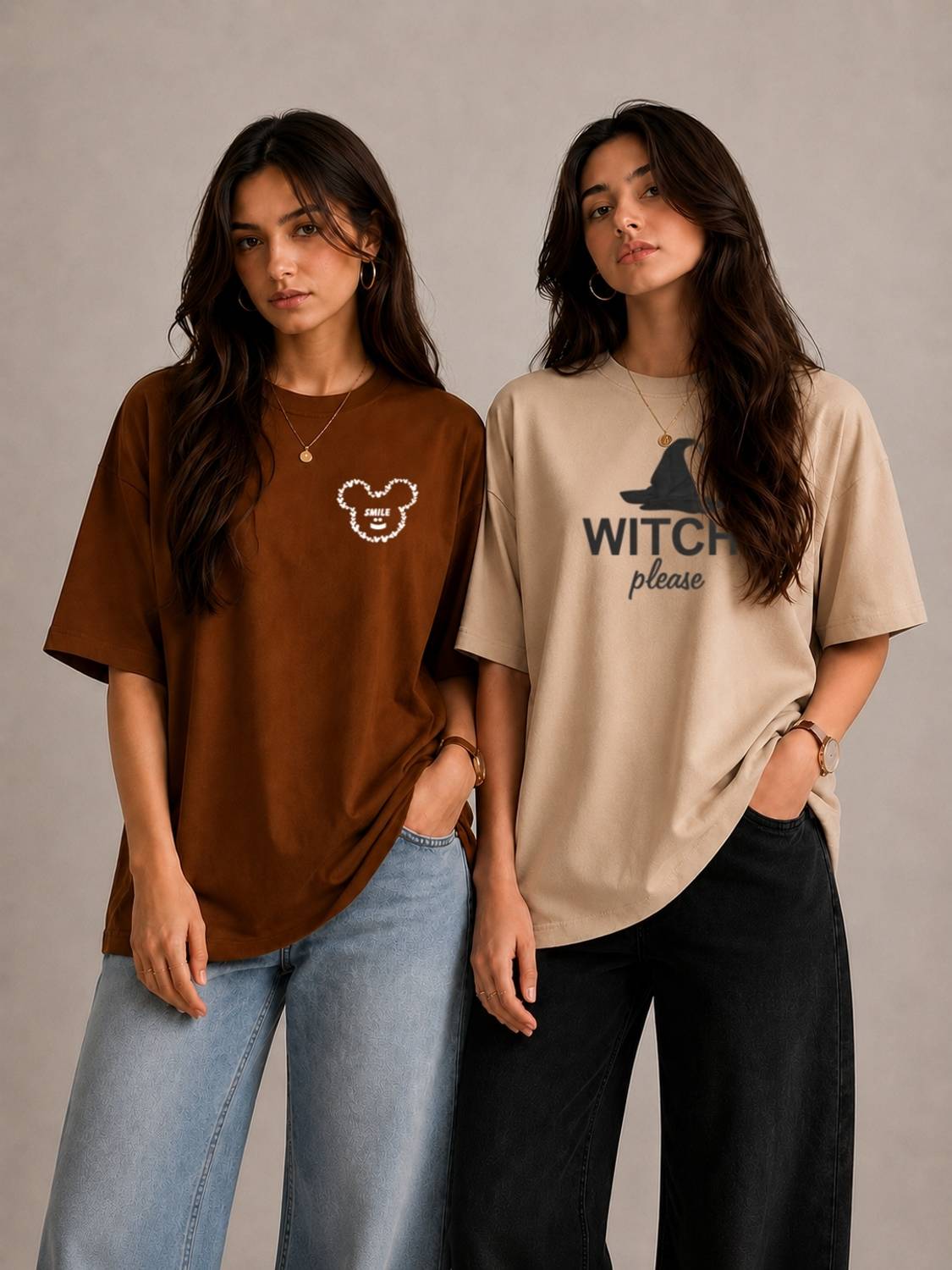 Aureno furrnzo Printed Women Round Neck Beige, Brown T-Shirt