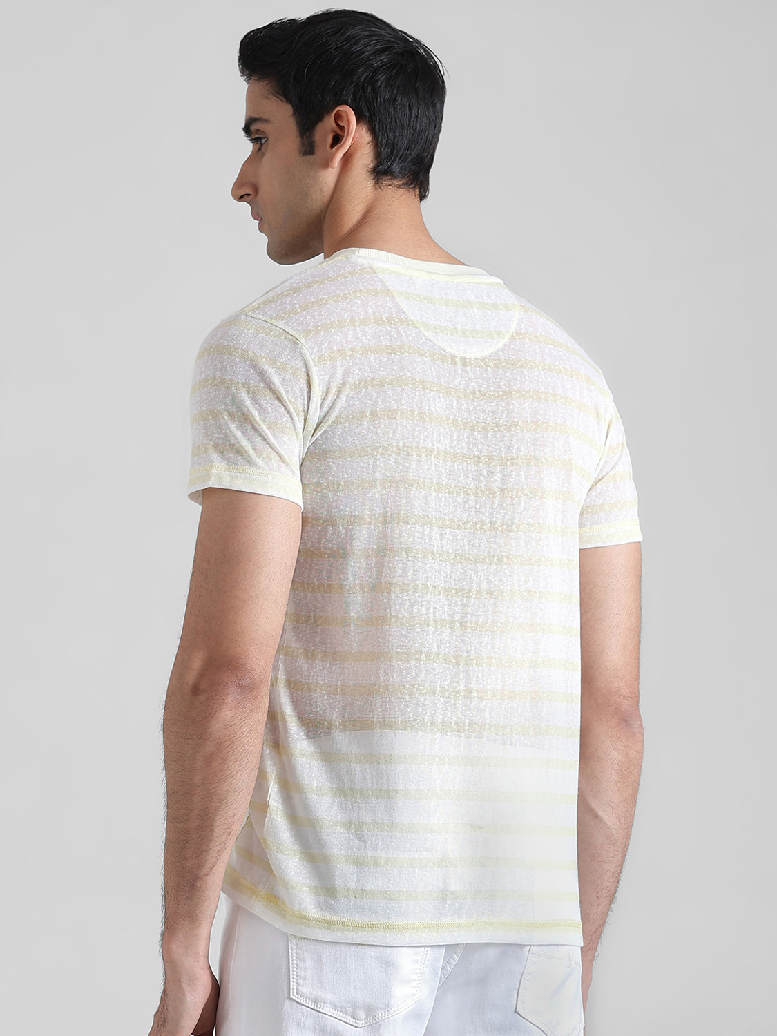 Image of MUFTI Striped Men Round Neck Yellow T-Shirt