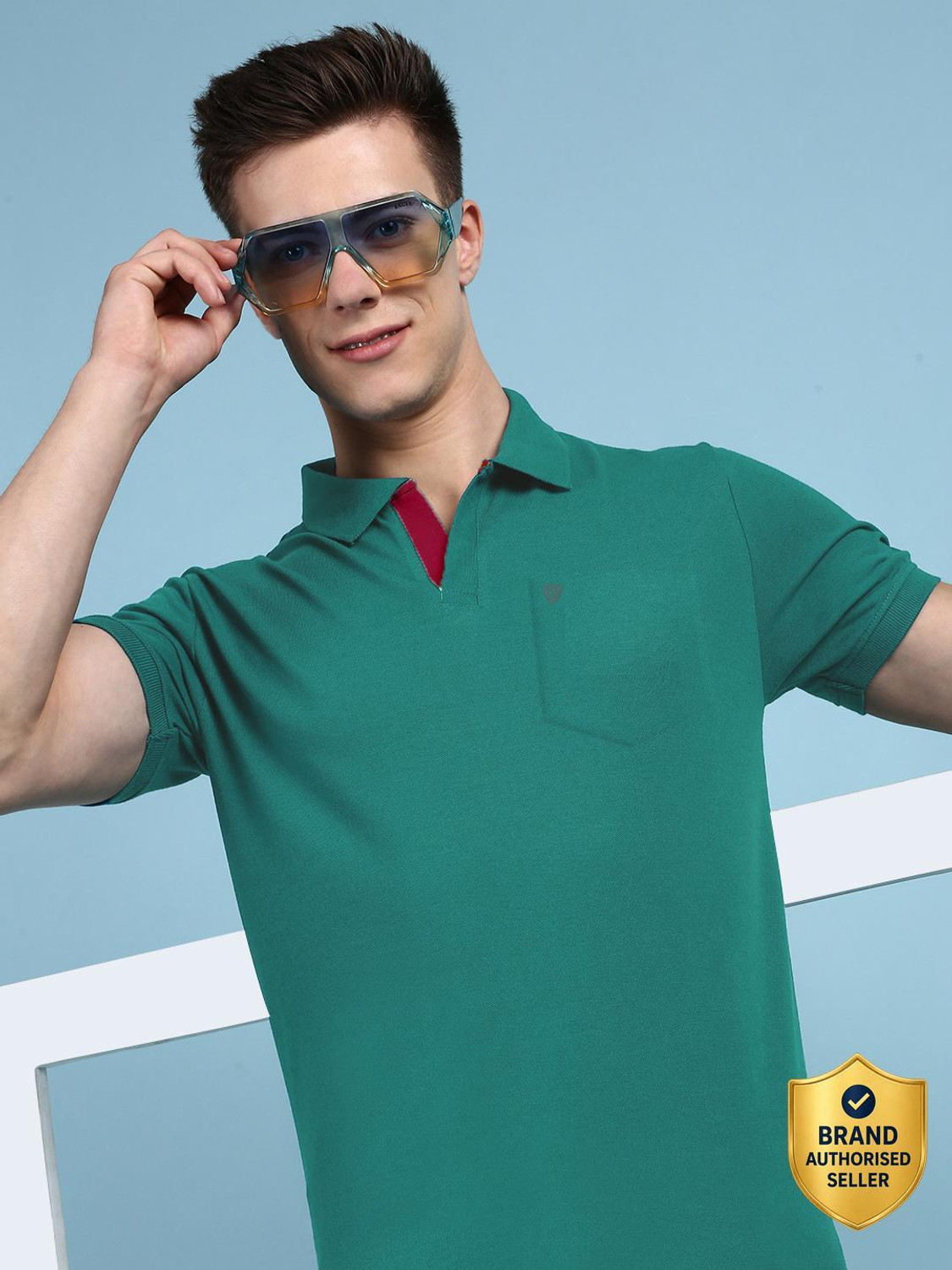Image of LUX cozi Solid Men Polo Neck Light Blue T-Shirt