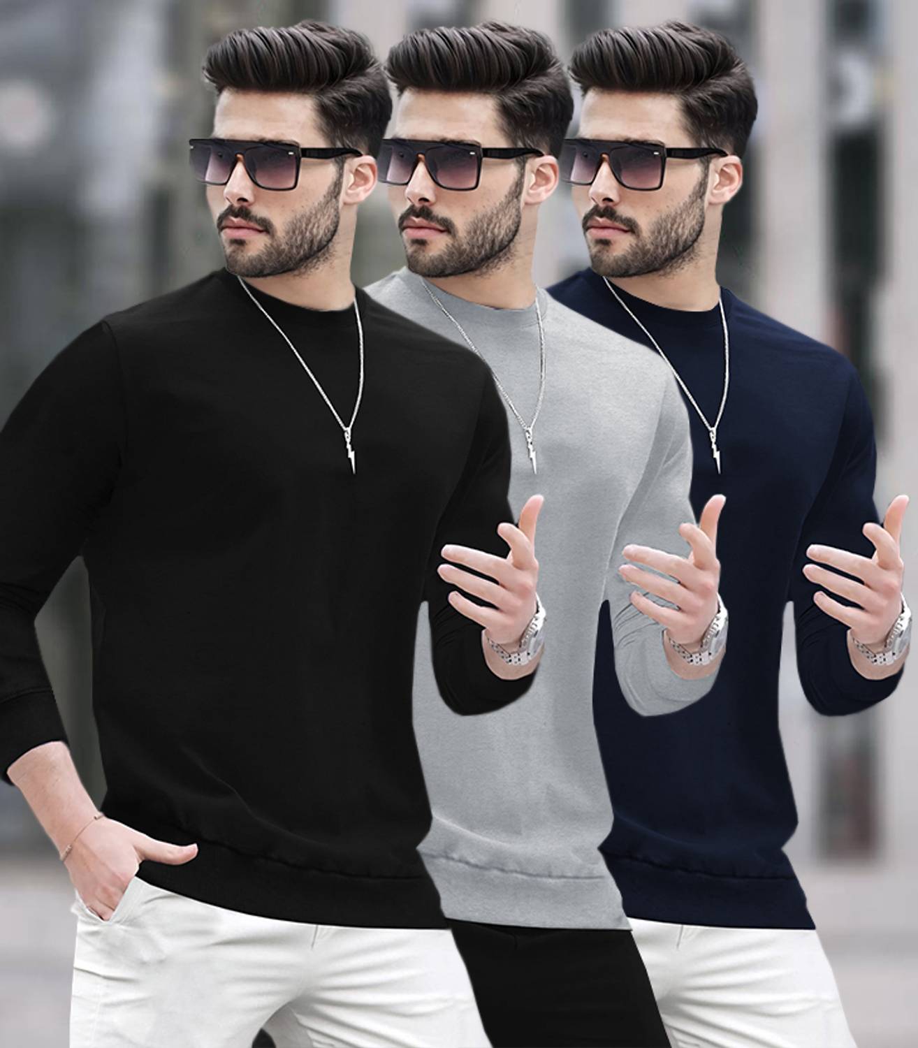 BLIVE Pack of 3 Men Solid Round Neck Cotton Blend Multicolor T-Sh
