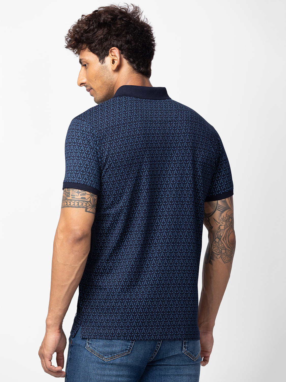 Image of Spykar Printed Men Polo Neck Blue T-Shirt