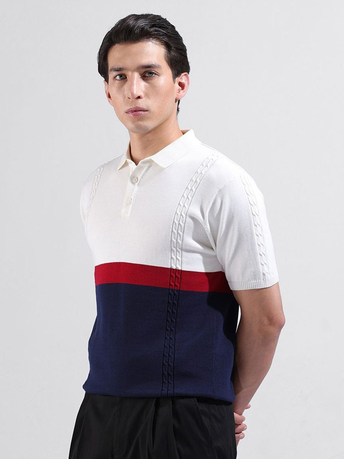 Image of The Indian Garage Co. Self Design Men Polo Neck White T-Shirt