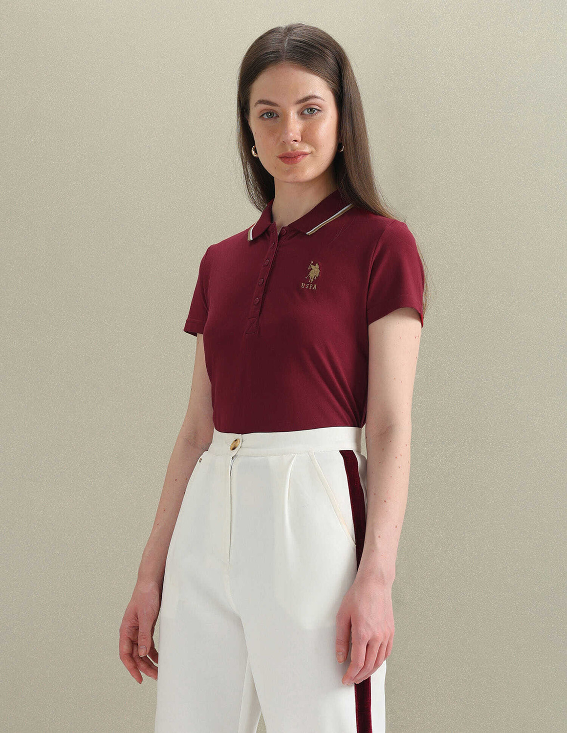 Image of U.S. POLO ASSN. Solid Women Polo Neck Red T-Shirt