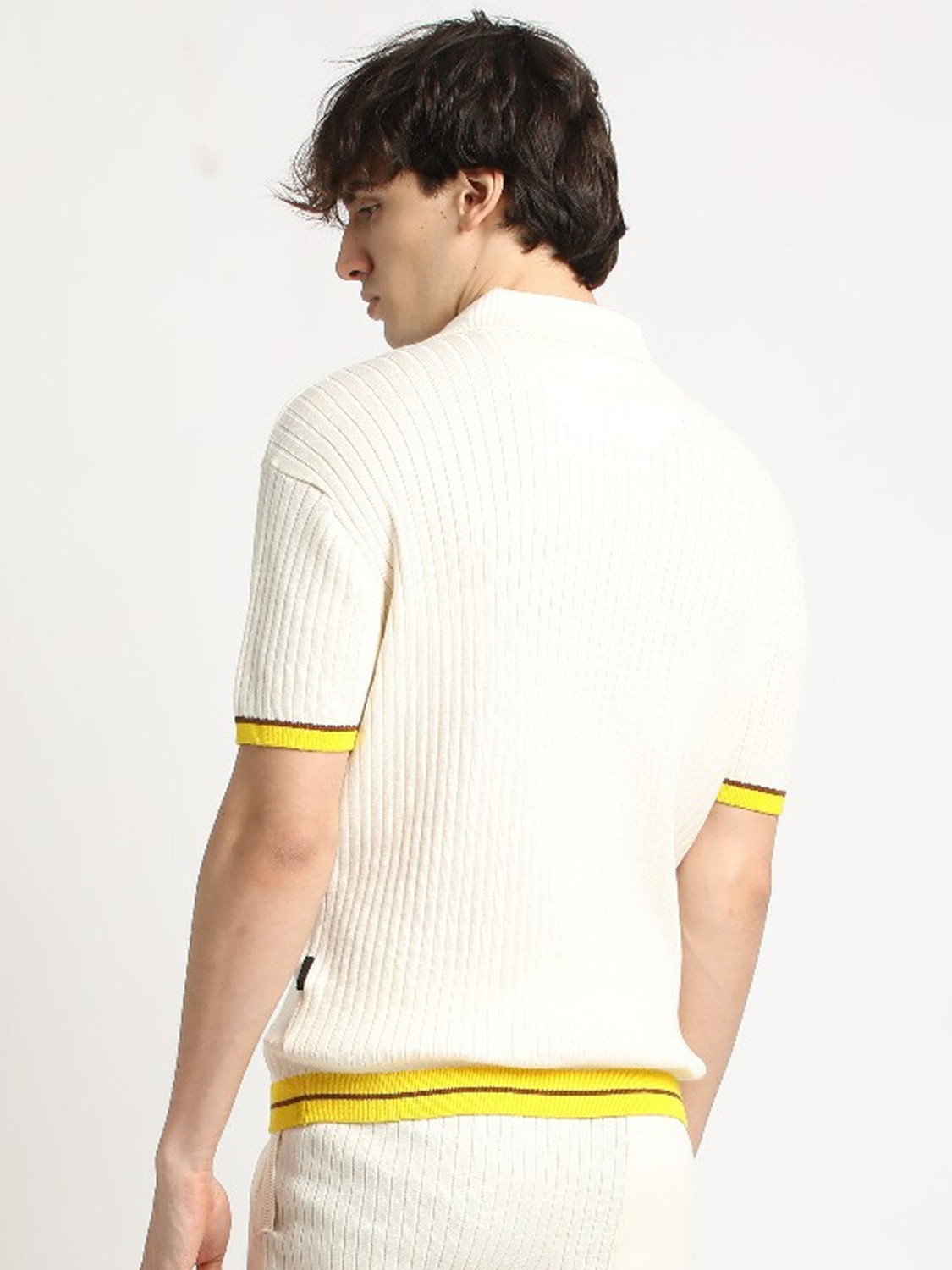 Image of THE BEAR HOUSE Self Design Men Polo Neck White T-Shirt