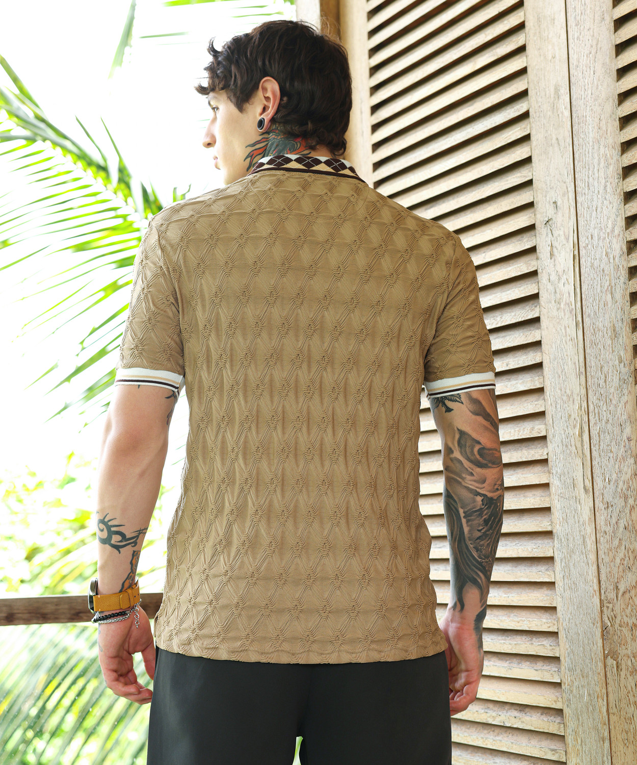 Image of CAMPUS SUTRA Self Design Men Polo Neck Beige T-Shirt