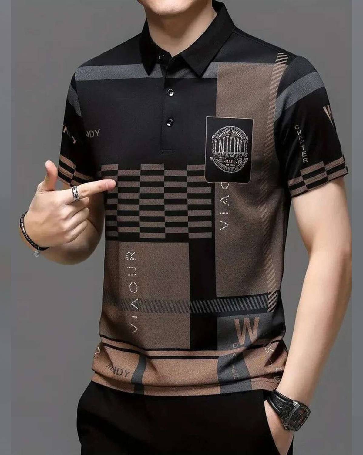 AUSK Men Checkered Polo Neck Cotton Blend Black, Grey T-Shirt