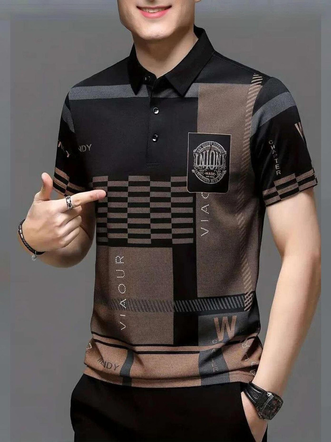 Image of AUSK Checkered Men Polo Neck Black, Grey T-Shirt