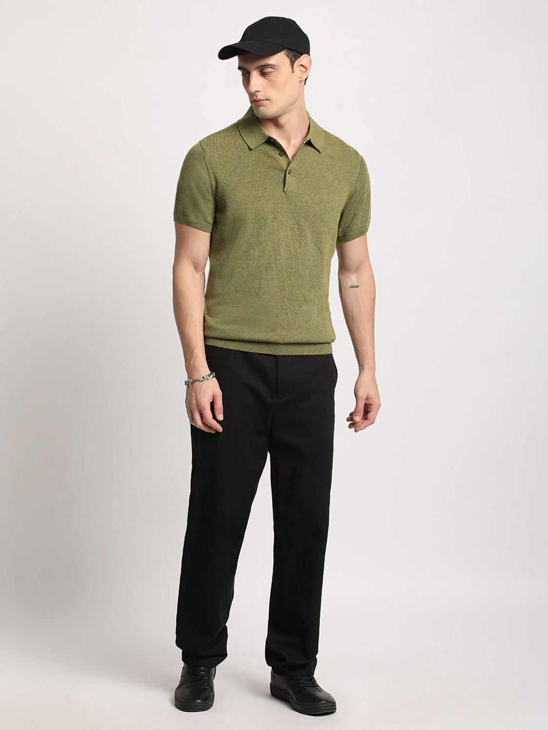 Image of THE BEAR HOUSE Solid Men Polo Neck Dark Green T-Shirt