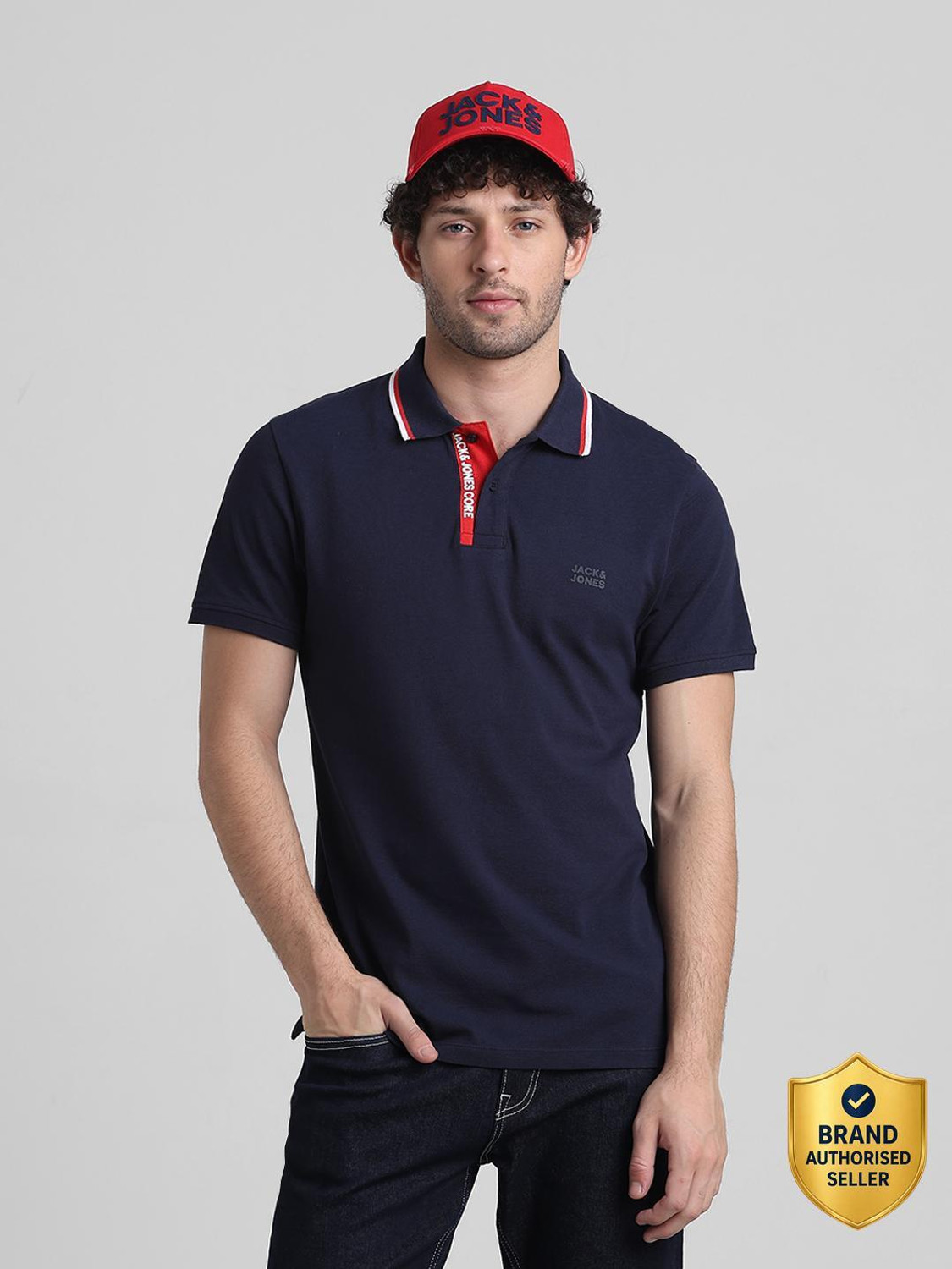 Image of JACK & JONES Solid Men Polo Neck Dark Blue T-Shirt