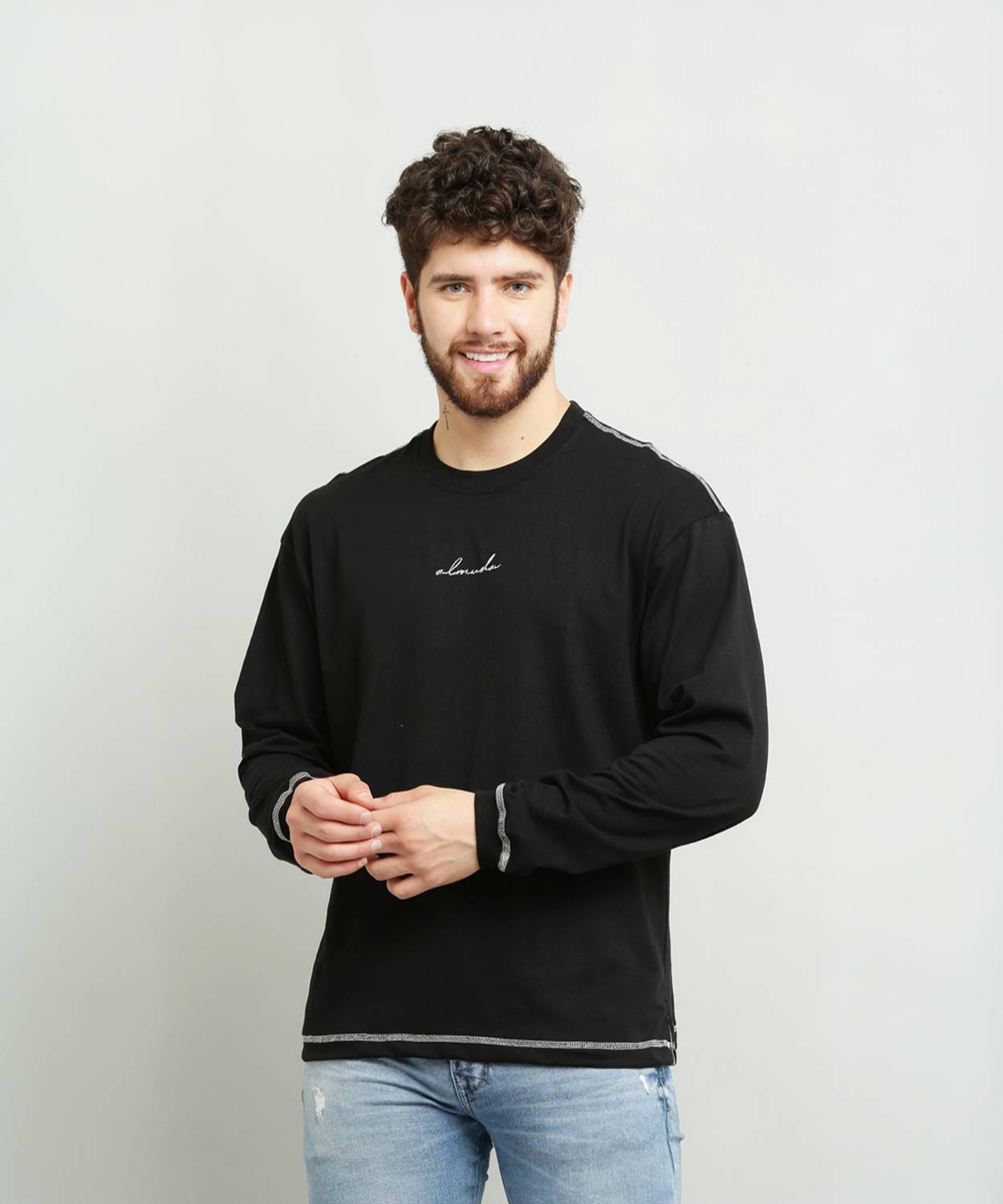 ALMUDA Men Solid Round Neck Pure Cotton Black T-Shirt