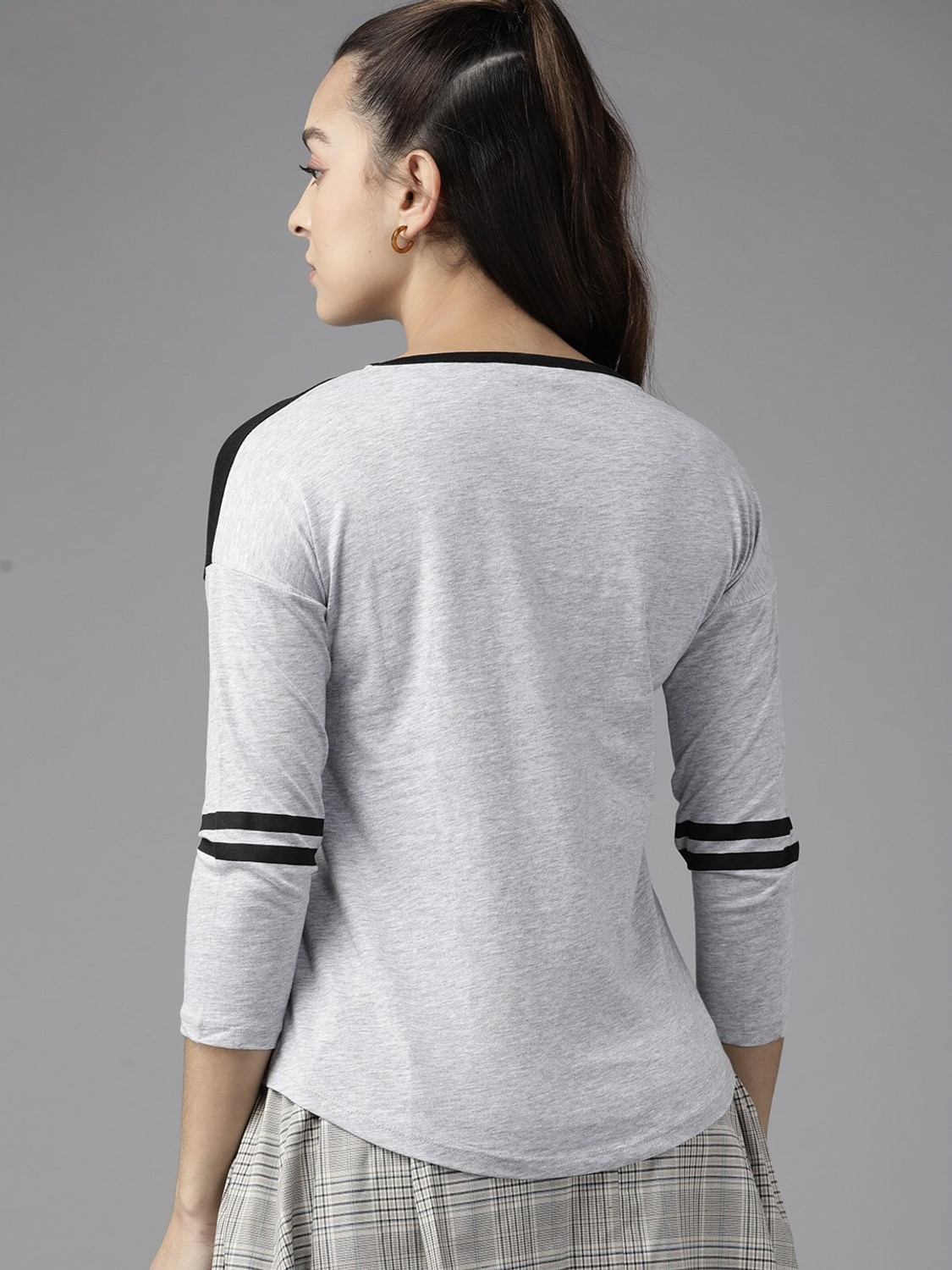 Image of Roadster Colorblock Women Round Neck Grey T-Shirt
