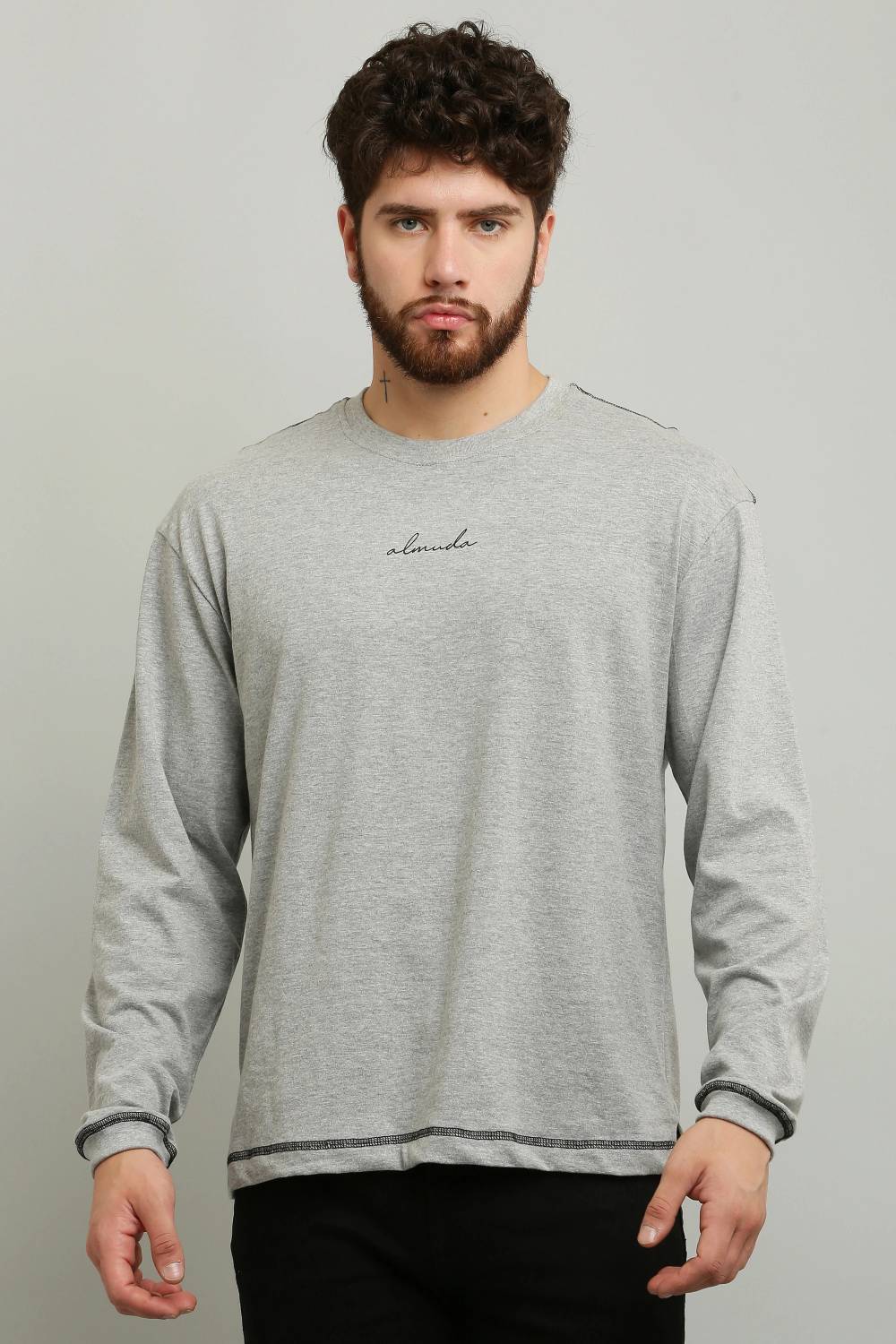 ALMUDA Men Solid Round Neck Pure Cotton Silver T-Shirt
