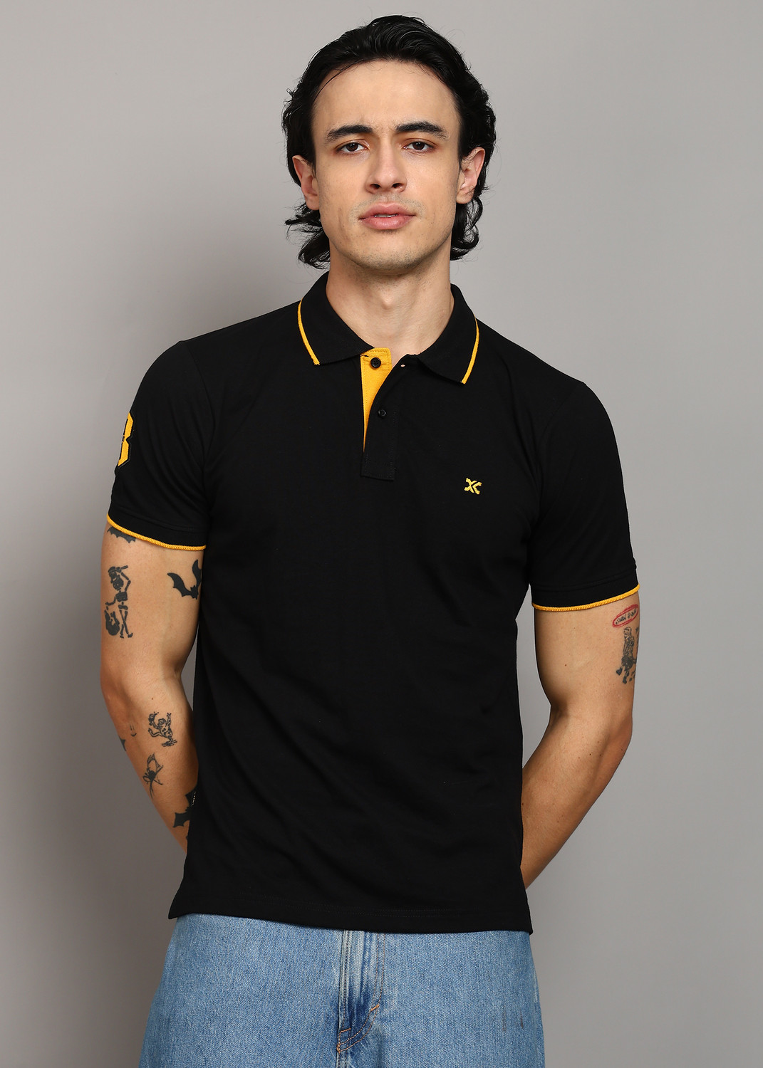 Image of KILLER Men Solid Polo Neck Cotton Blend Black T-Shirt