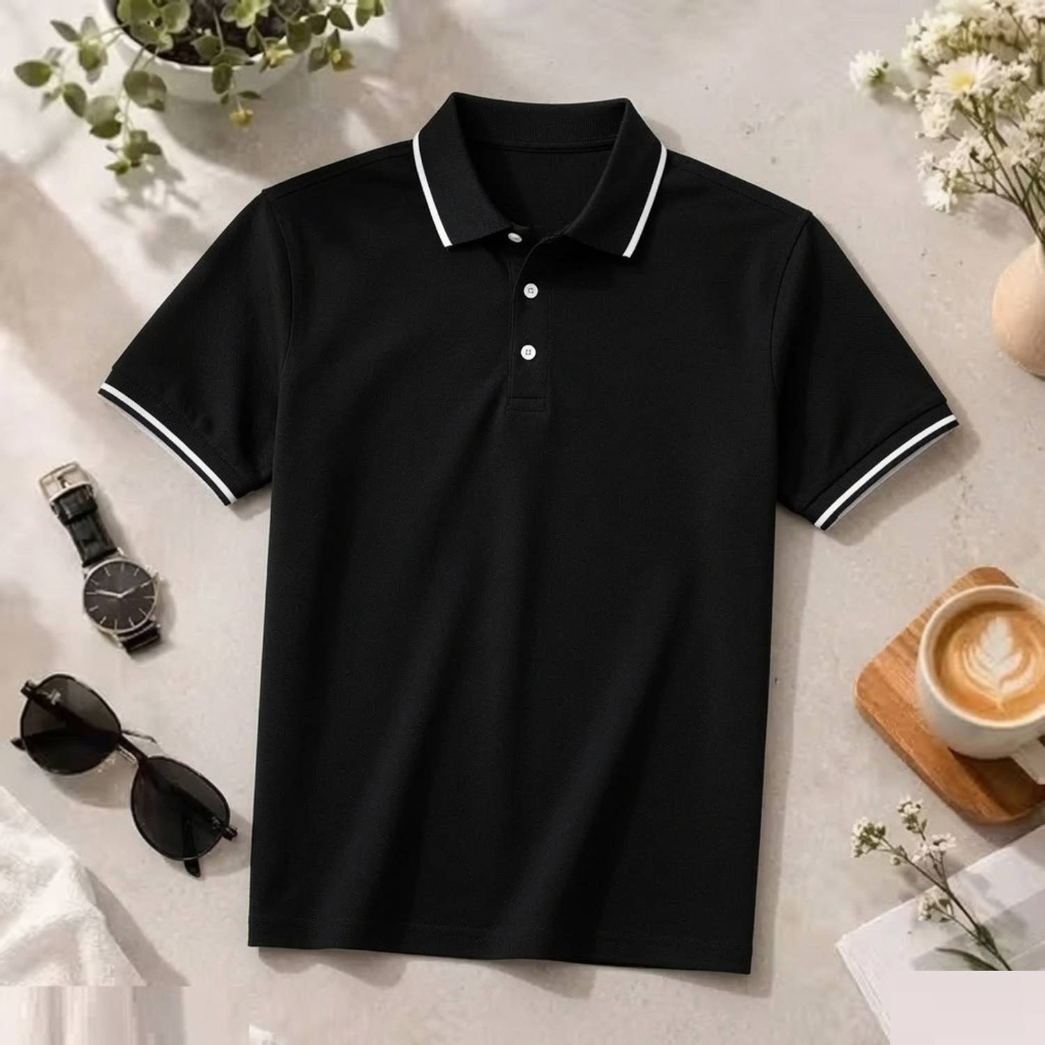 True Habit Men Polo Neck Black T-Shirt