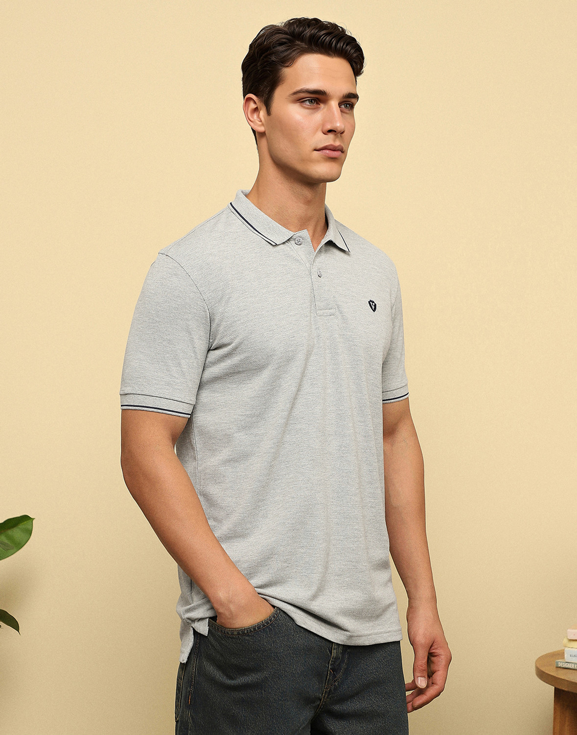 Image of VAN HEUSEN Solid Men Polo Neck Grey T-Shirt