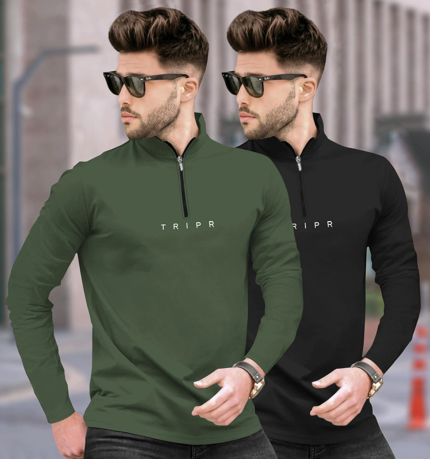 Image of TRIPR Printed Men Henley Neck Dark Green, Black T-Shirt
