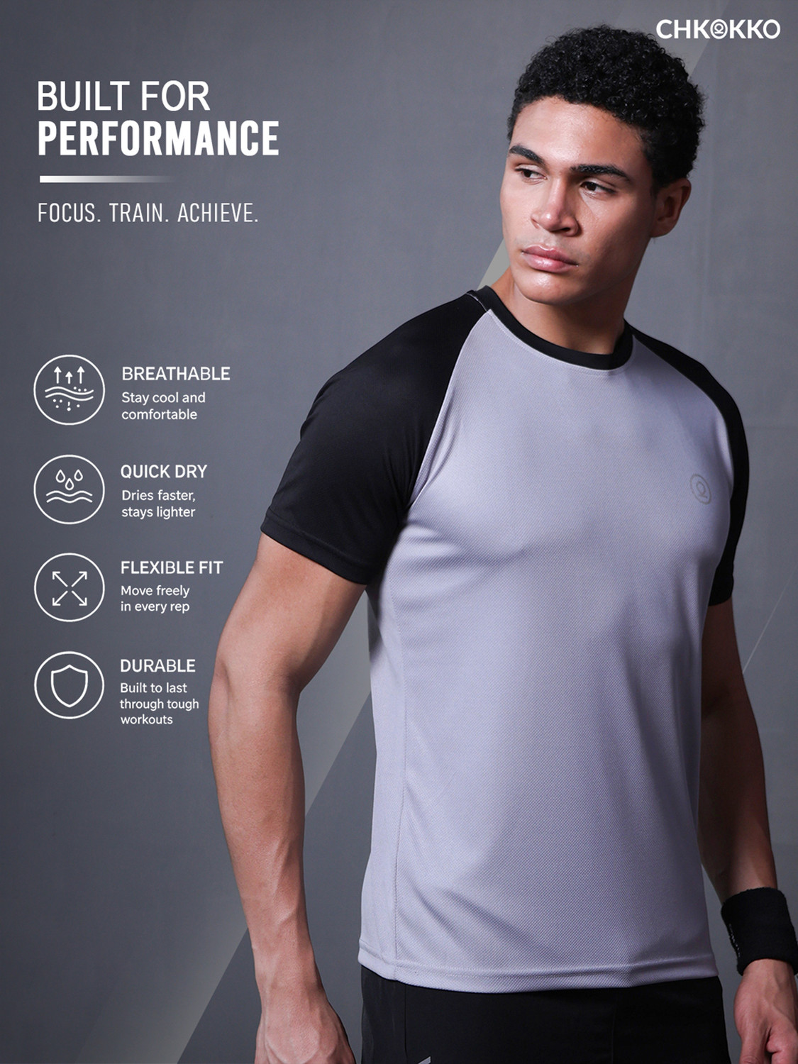Image of CHKOKKO Colorblock Men Round Neck Grey T-Shirt