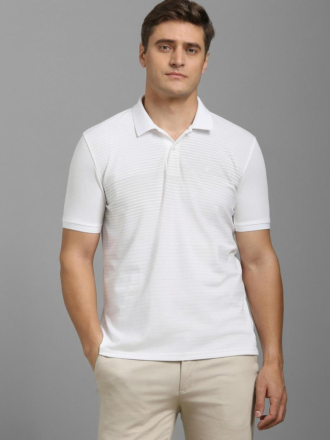 Image of LOUIS PHILIPPE Striped Men Polo Neck White T-Shirt