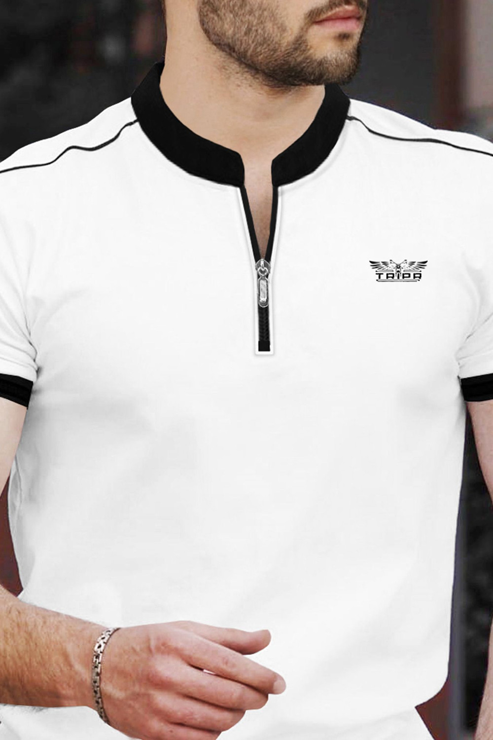 Image of TRIPR Printed Men Mandarin Collar White, Black T-Shirt