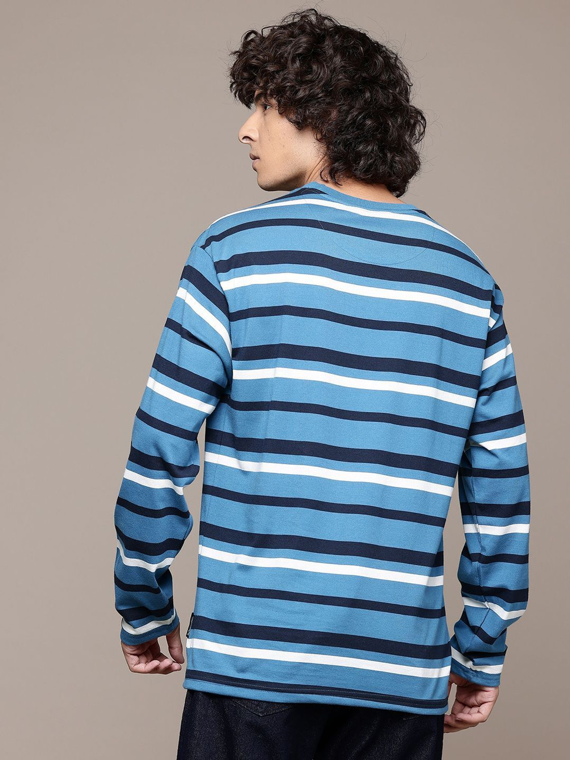 Image of Roadster Striped Men Round Neck Blue T-Shirt