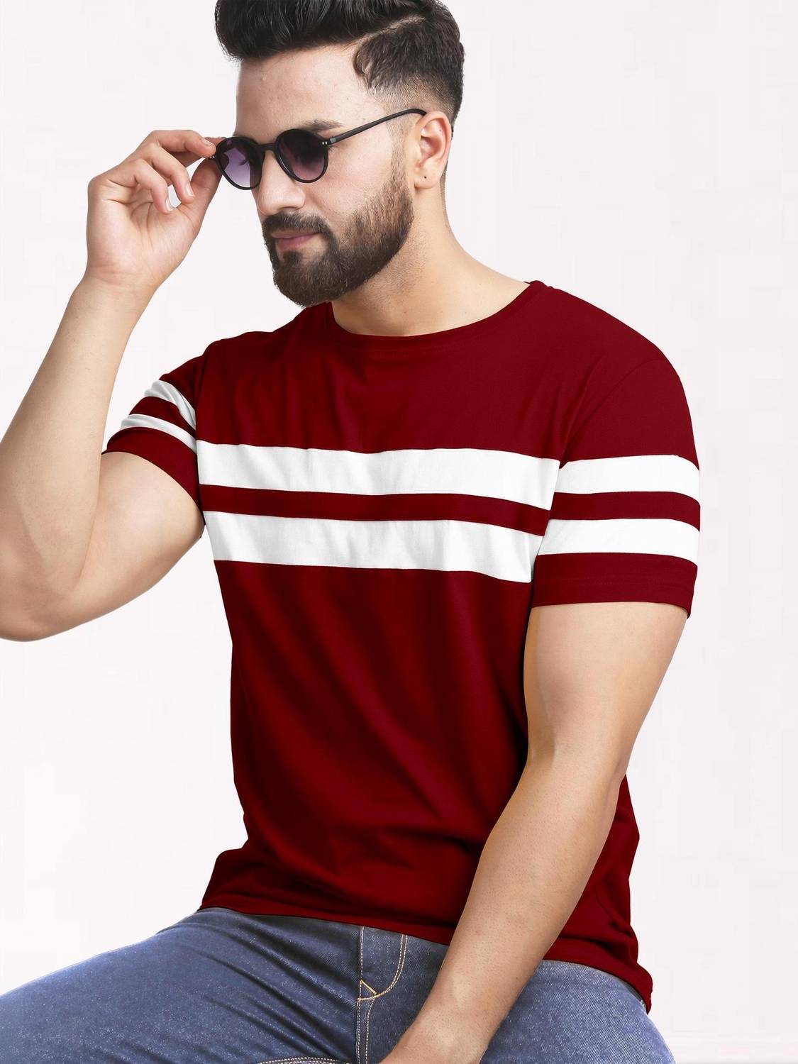 AUSK Striped Men Round Neck Maroon, White T-Shirt