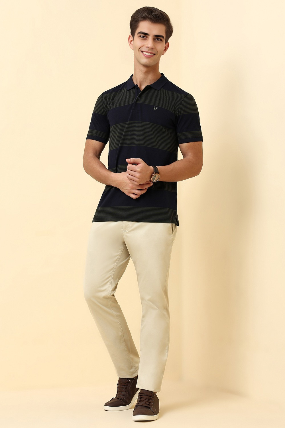 Image of Allen Solly Striped Men Polo Neck Dark Blue T-Shirt