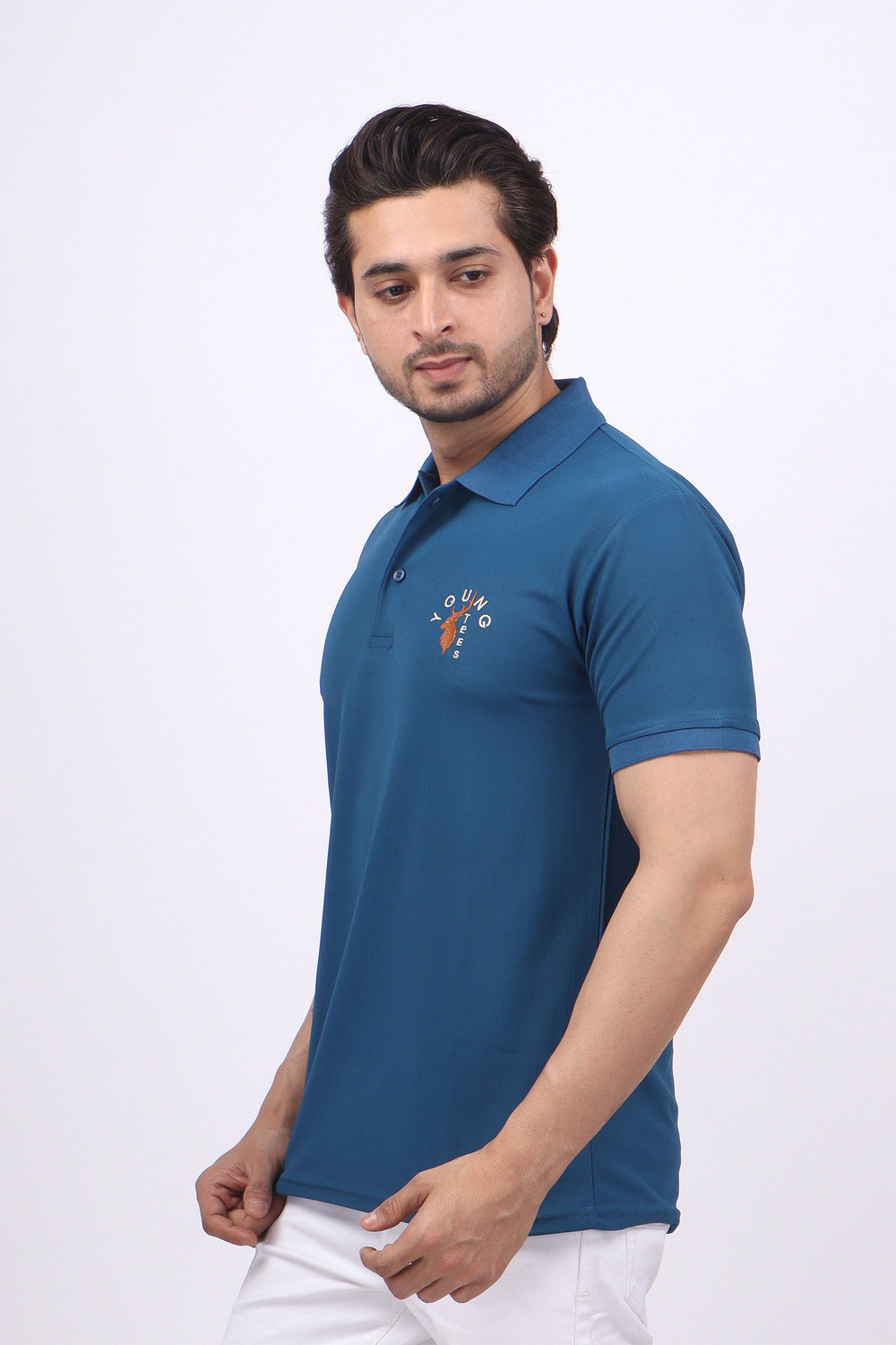 Image of swagfit Men Solid Polo Neck Cotton Blend Blue T-Shirt