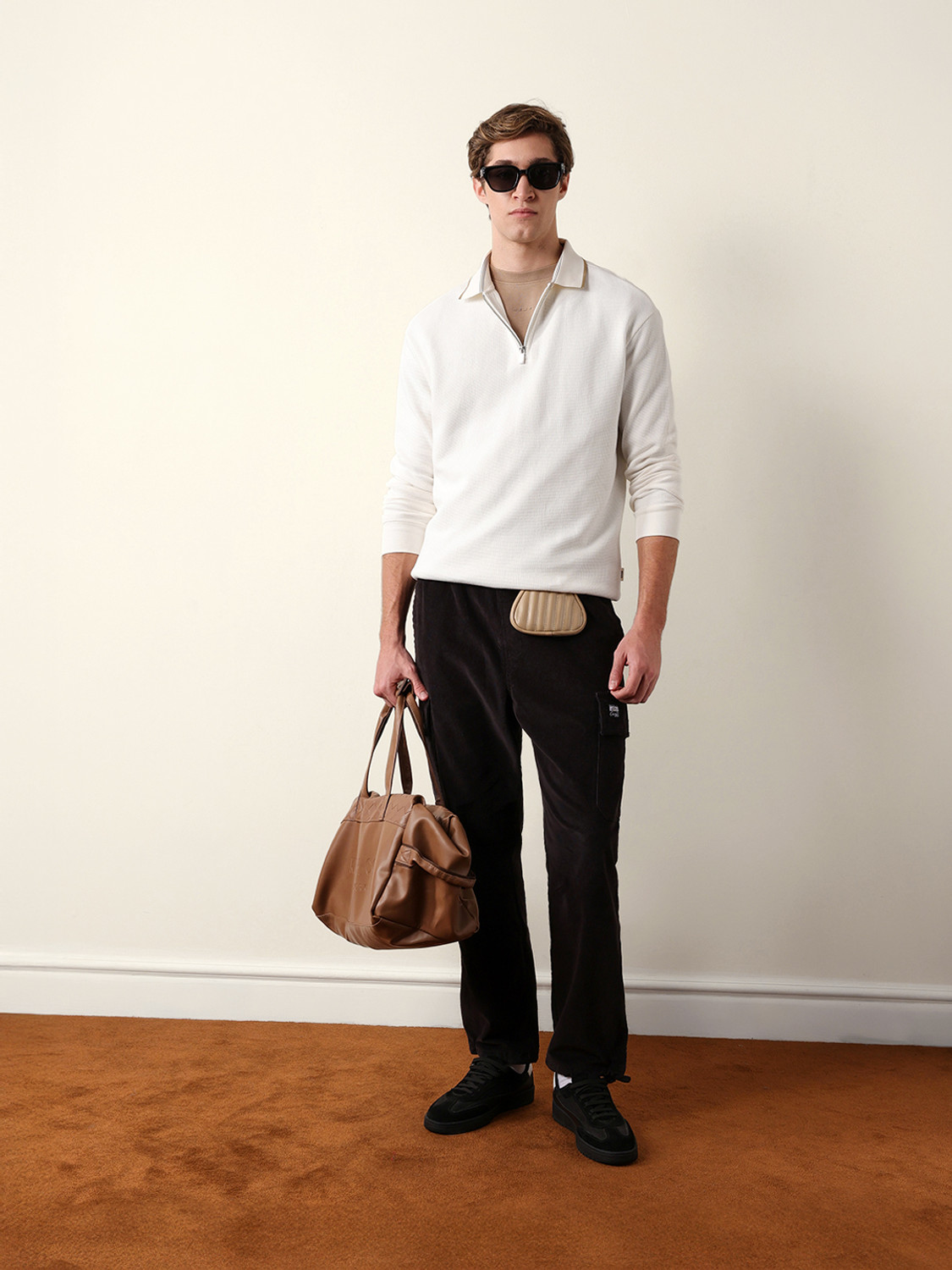 Image of THE BEAR HOUSE Self Design Men Polo Neck White T-Shirt