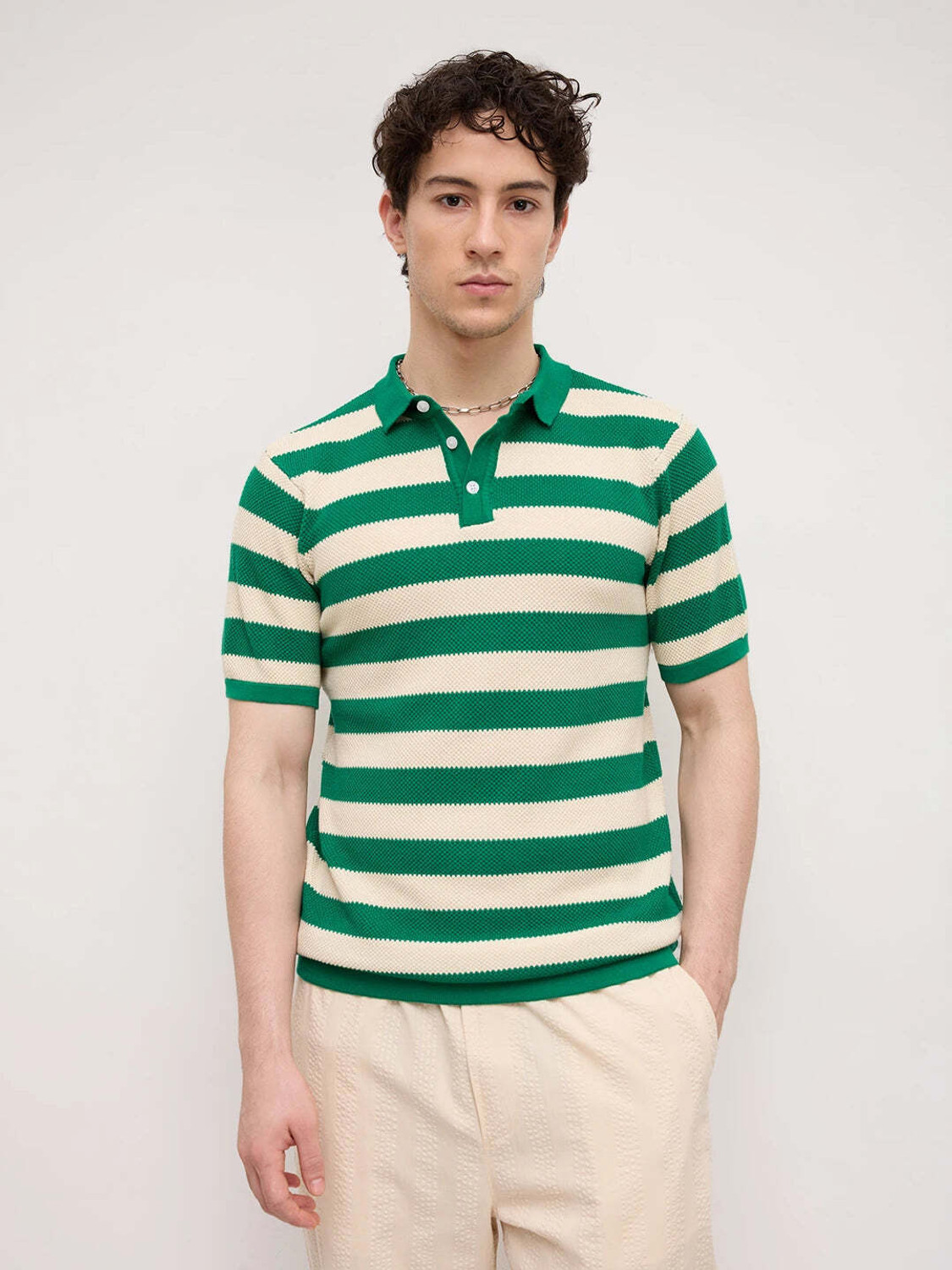 Image of VASTRADO Striped Men Polo Neck Green T-Shirt