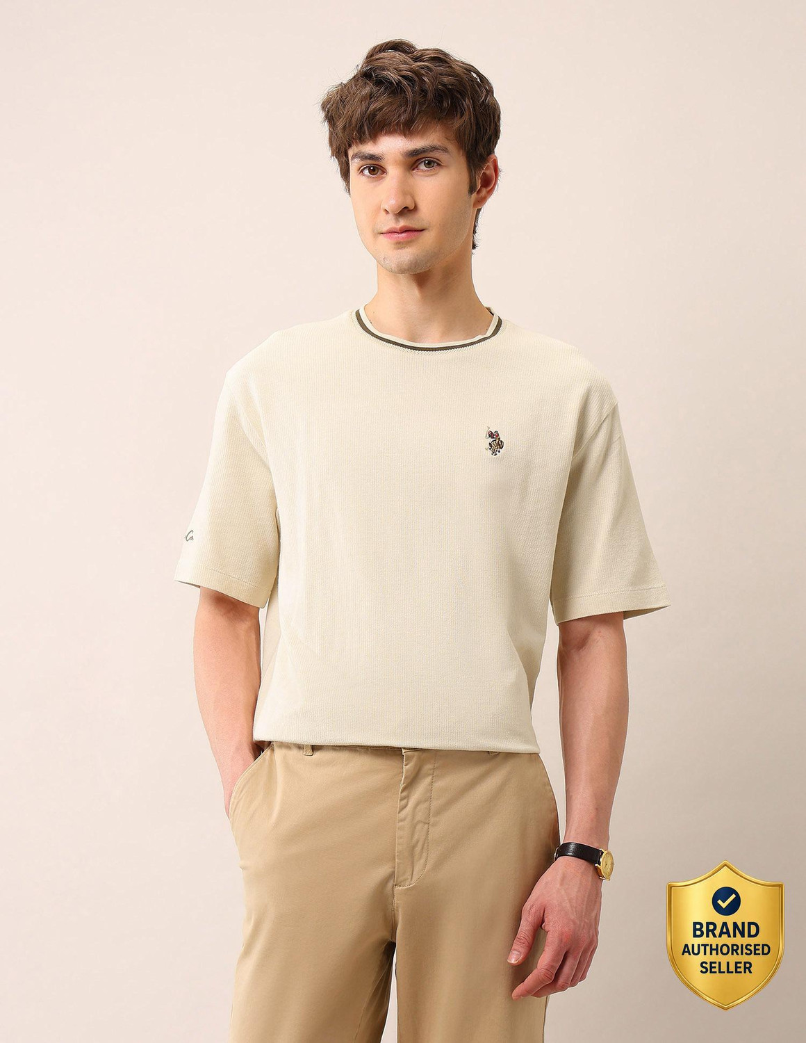 Image of U.S. Polo Assn. Denim Co. Solid Men Round Neck Beige T-Shirt