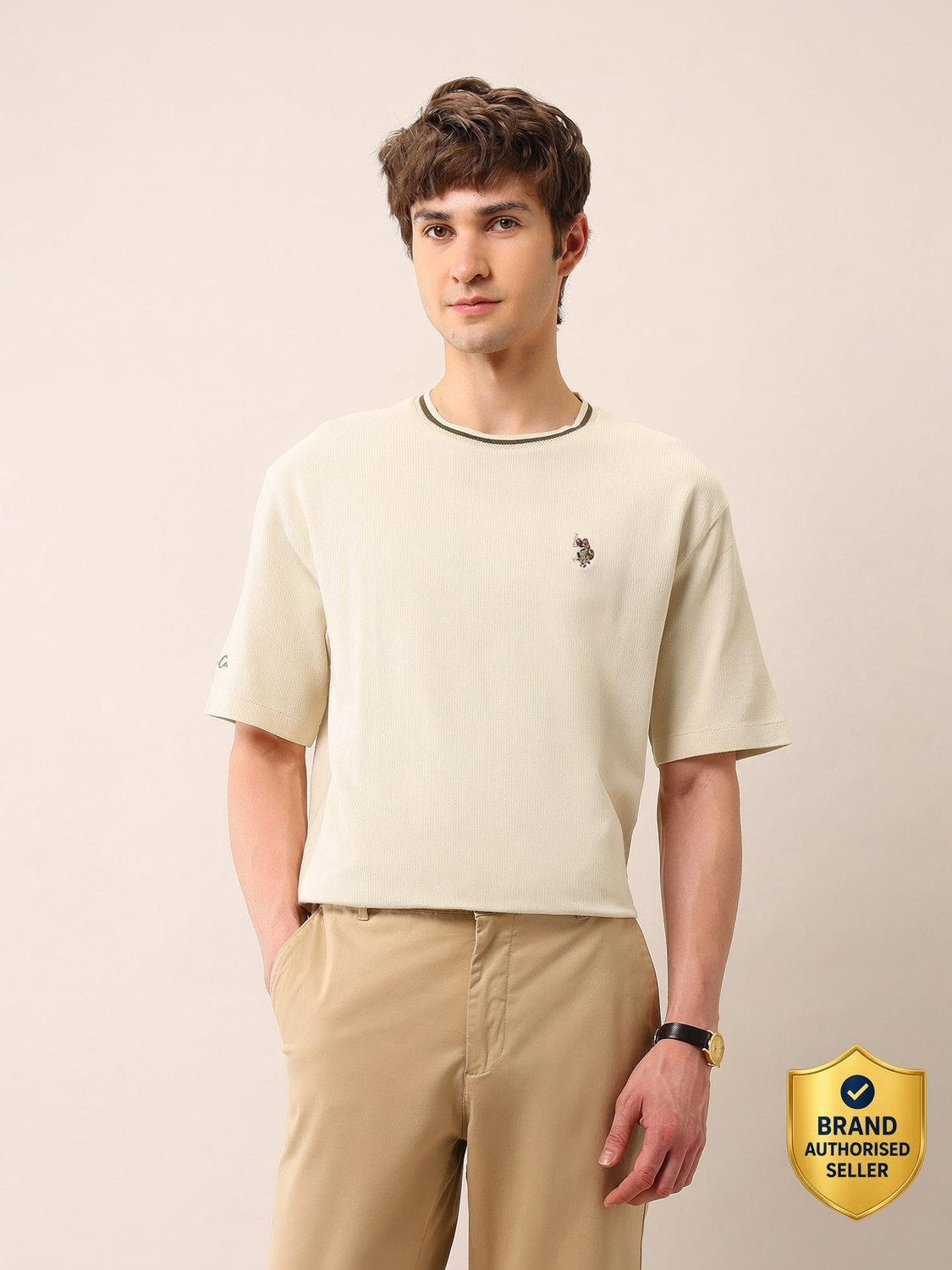 Image of U.S. Polo Assn. Denim Co. Solid Men Round Neck Beige T-Shirt