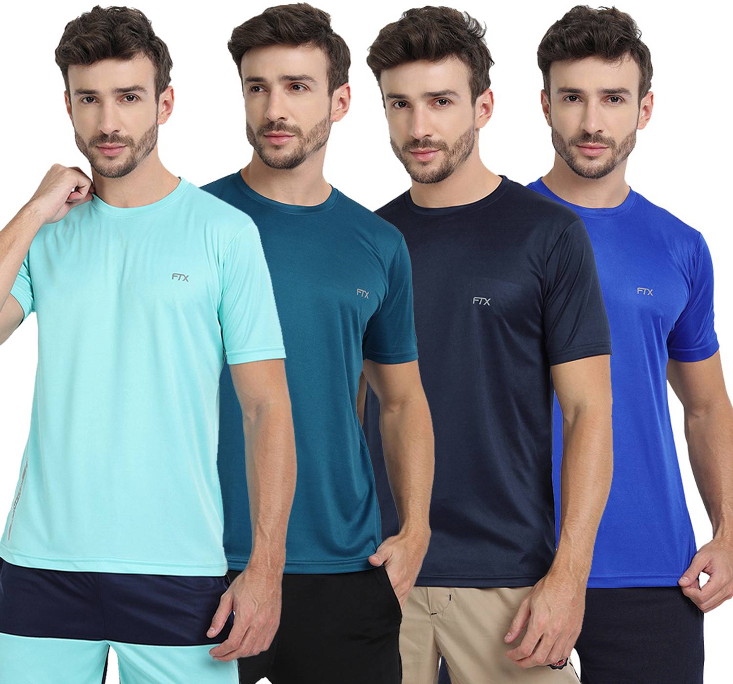 FTX Pack of 4 Men Solid Round Neck Polyester Dark Blue, Light Blu