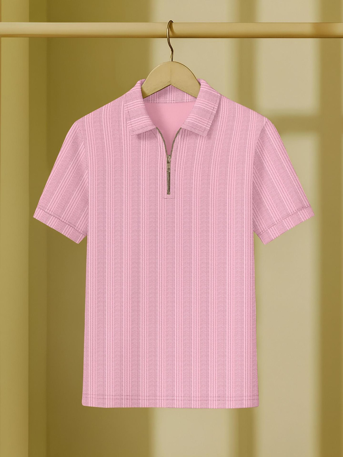 Image of KAJARU Self Design Men Zip Neck Pink T-Shirt
