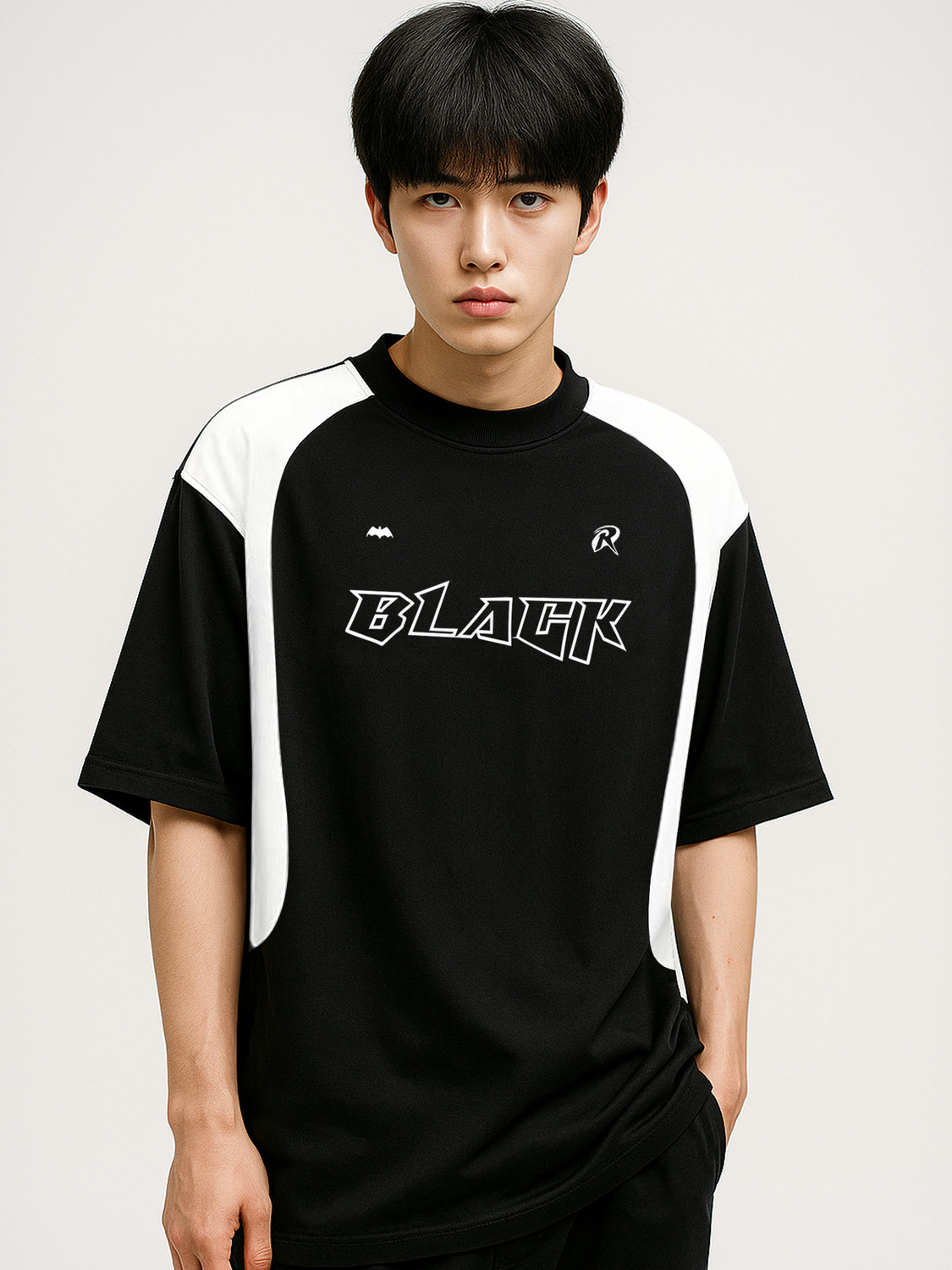 Image of Jump Cuts Colorblock Men Round Neck Black, White T-Shirt