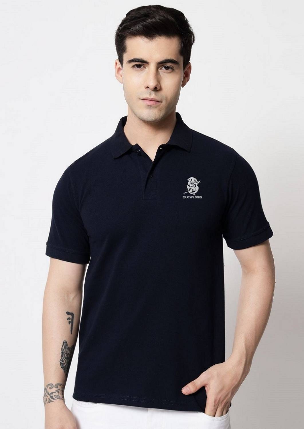 TEEFOX Solid Men Polo Neck Navy Blue, Gold T-Shirt - Buy TEEFOX