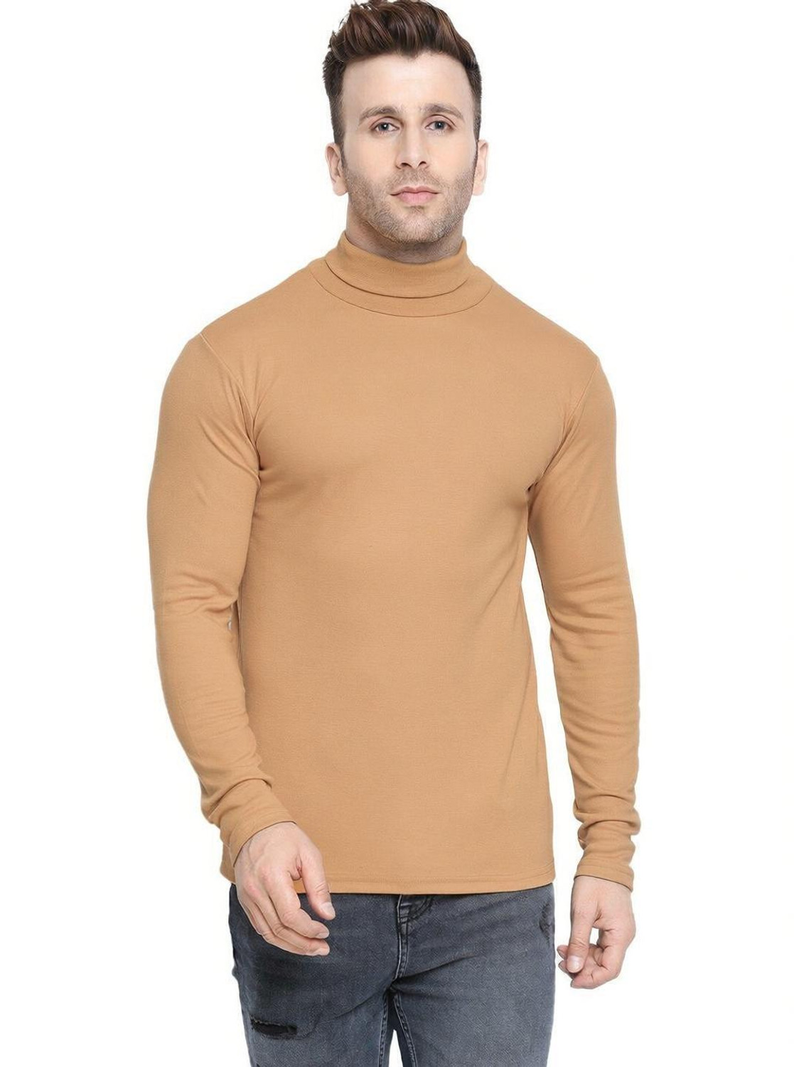 Image of CHKOKKO Solid Men High Neck Beige T-Shirt