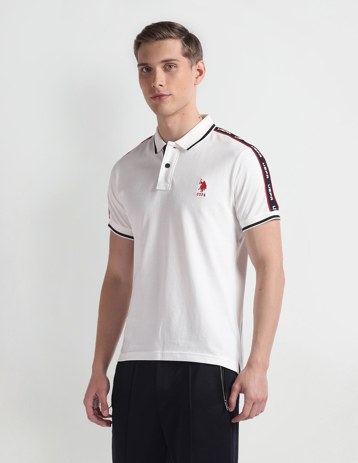 Image of U.S. Polo Assn. Denim Co. Solid Men Polo Neck White T-Shirt