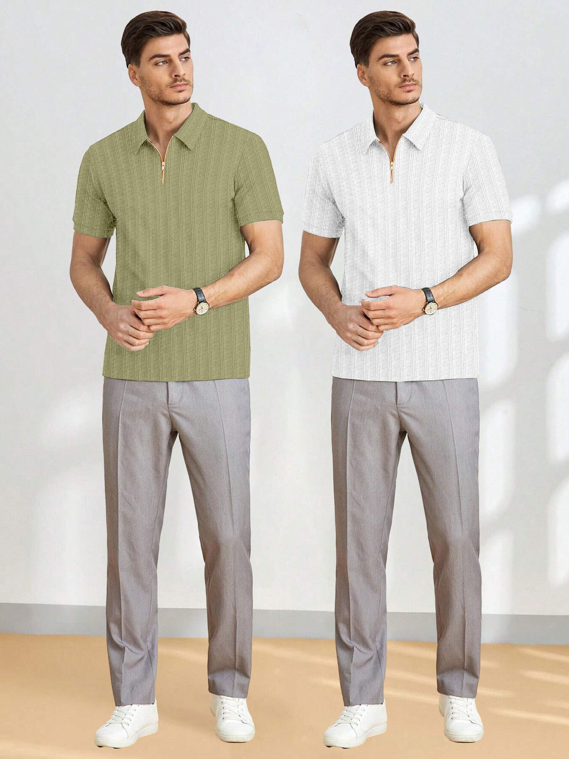 Image of COMBRAIDED Striped Men Zip Neck Light Green, White T-Shirt