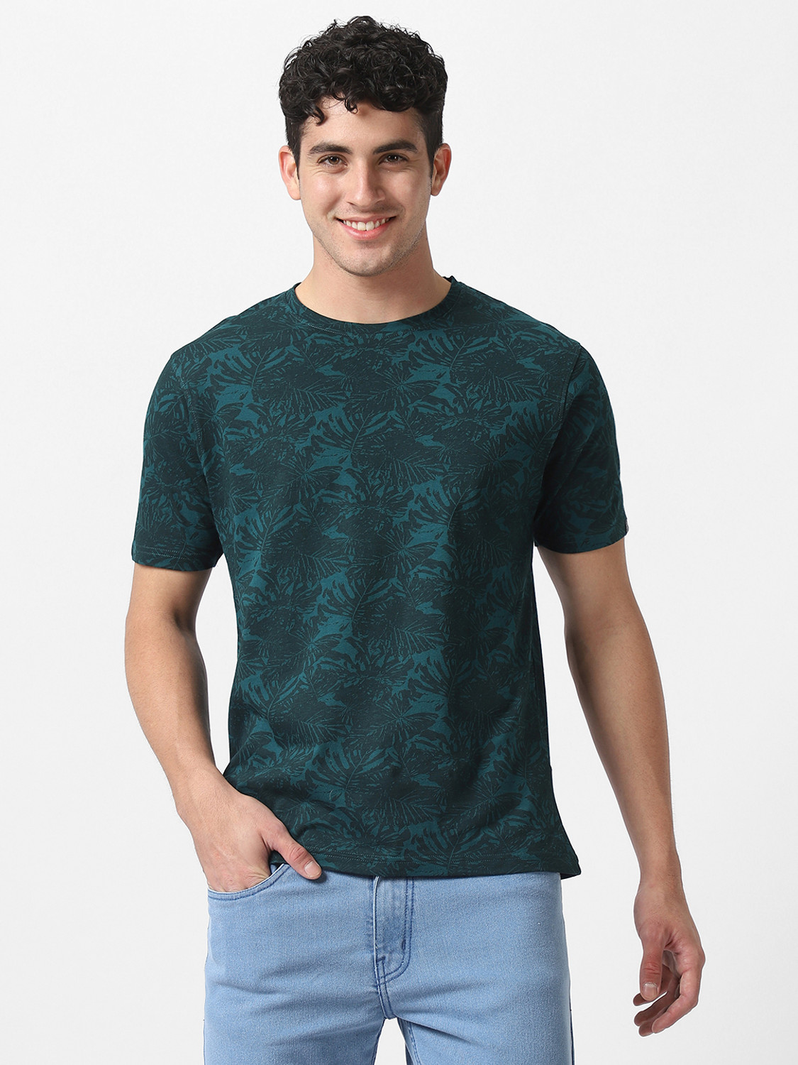 Image of Urbano Fashion Self Design Men Round Neck Dark Green T-Shirt