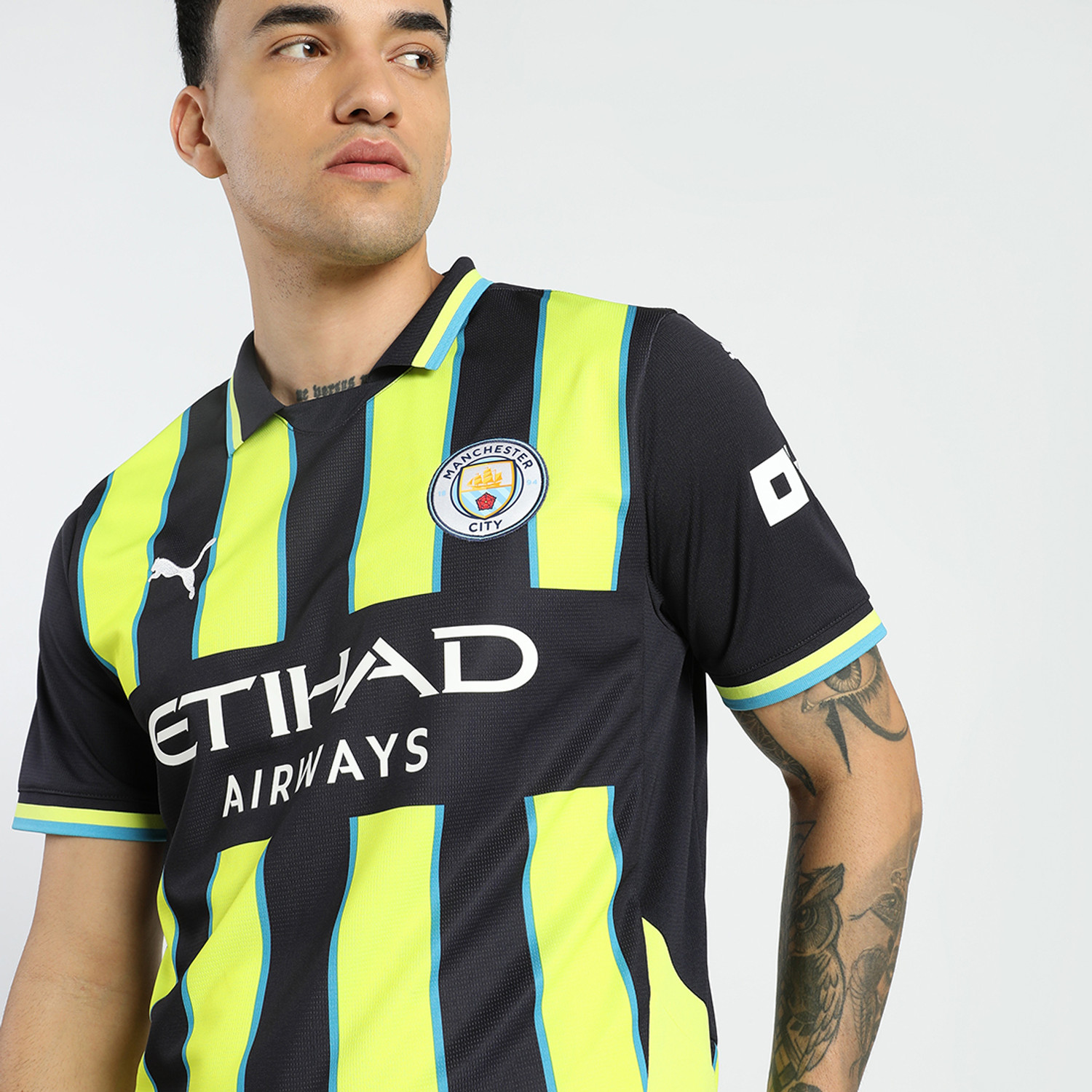 Image of PUMA Striped Men Polo Neck Blue T-Shirt