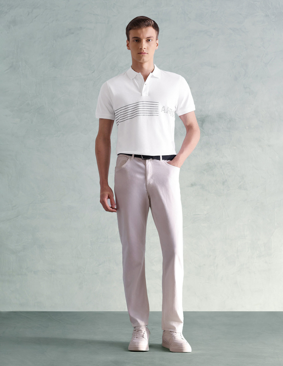 Image of Arrow Sport Men Striped Polo Neck Cotton Blend White T-Shirt