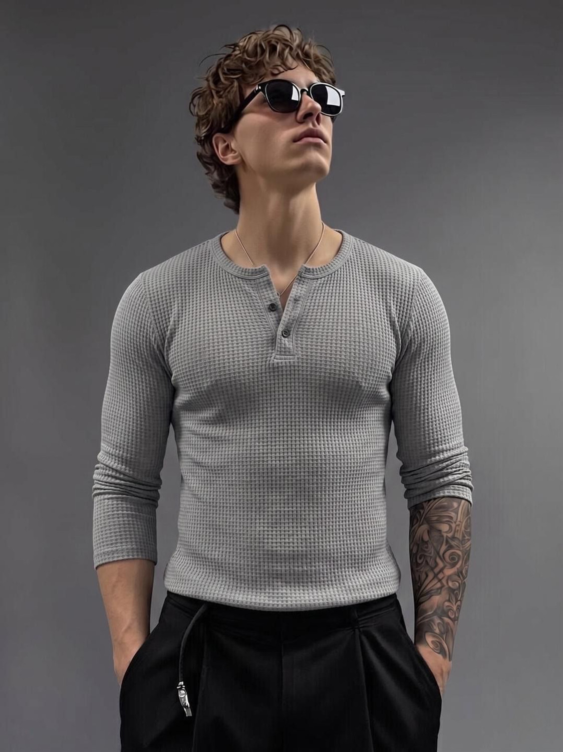 Image of Muskan Creation Self Design Men Henley Neck Grey T-Shirt