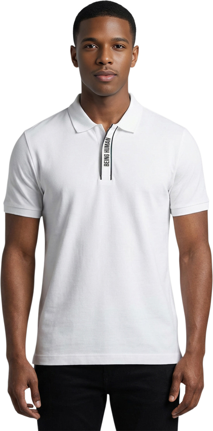 Image of BEING HUMAN Men Solid Polo Neck Cotton Blend White T-Shirt