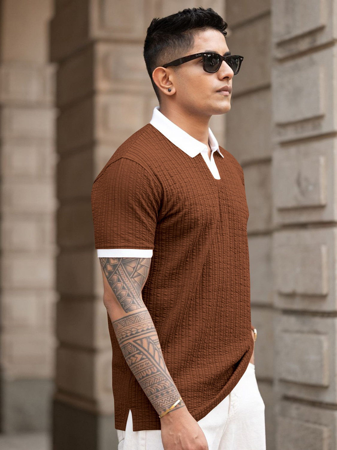 Image of KAJARU Self Design Men Polo Neck White, Brown T-Shirt